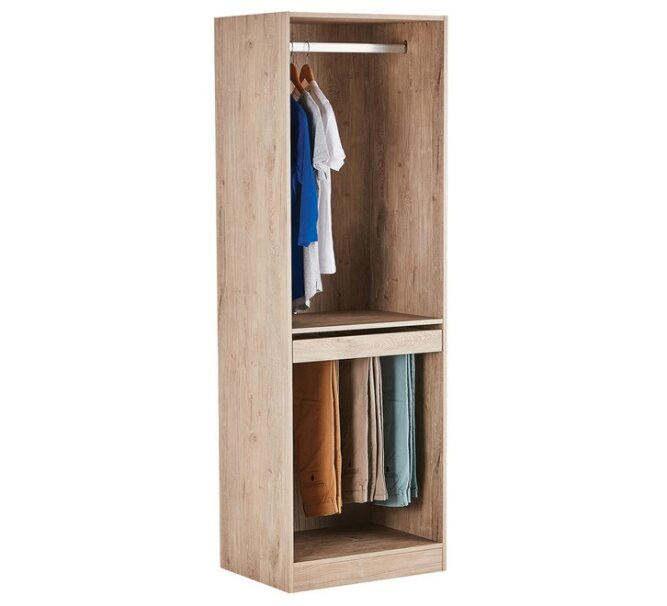 Wooden open wardrobe with hanging rod, shirts, and pants storage compartments