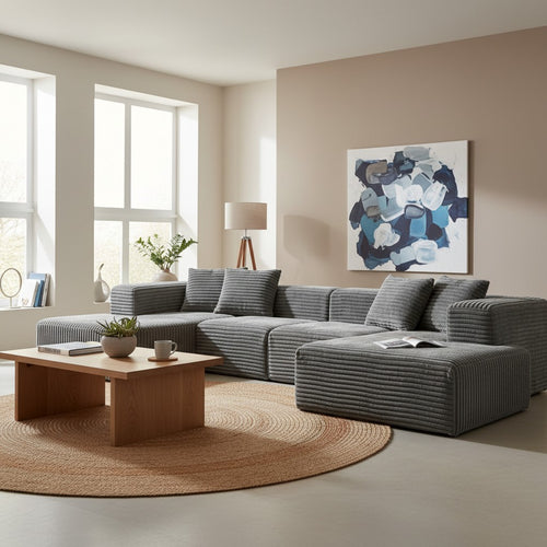 Modern gray sectional sofa with corded texture in bright living room, styled with wooden coffee table and abstract art