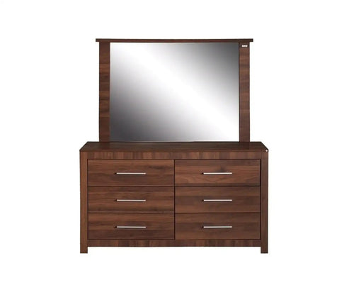 Modern wooden dresser with six drawers and large rectangular mirror