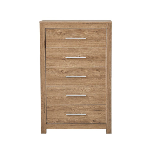 Modern oak effect 5-drawer chest with sleek silver handles, ideal for bedroom storage