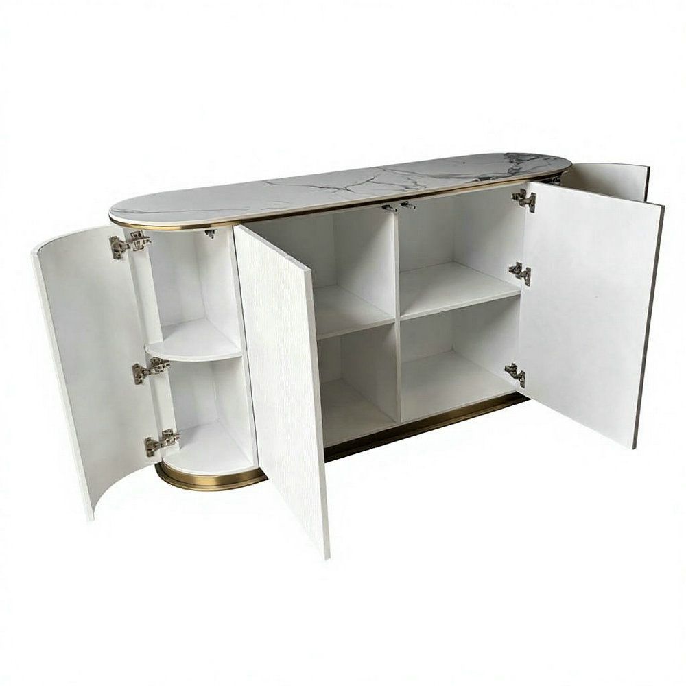 Modern white sideboard with marble top, gold base, and open cabinet doors showing shelves