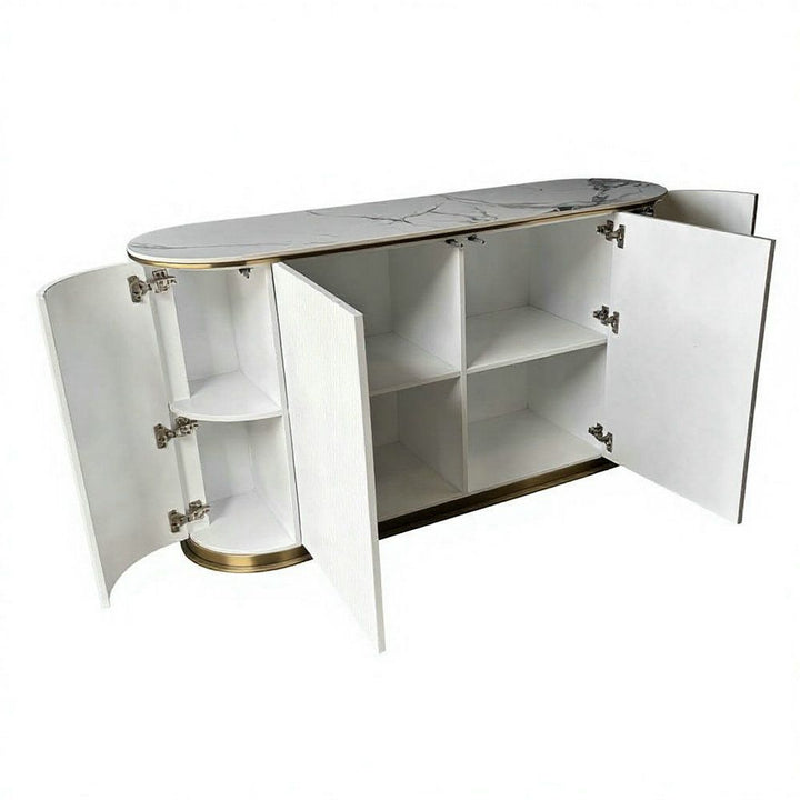 Modern white sideboard with marble top, gold base, and open cabinet doors showing shelves