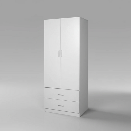 Modern white wardrobe with two doors and two drawers on a plain background