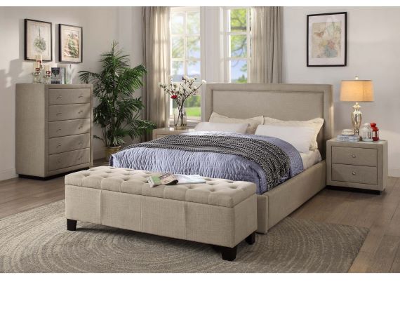 Beige upholstered gas lift bed with matching bench and modern bedroom furniture set