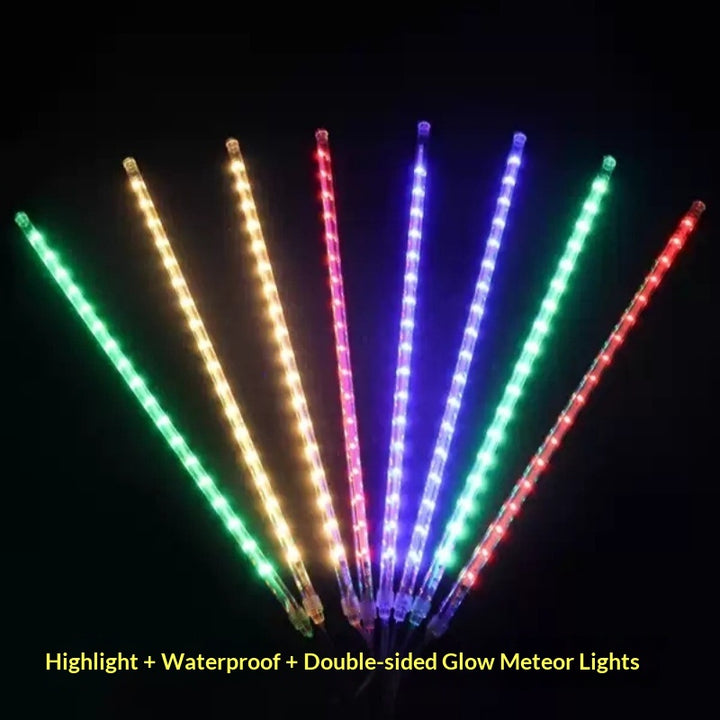 Colorful LED meteor lights glowing in dark, waterproof double-sided for home decor