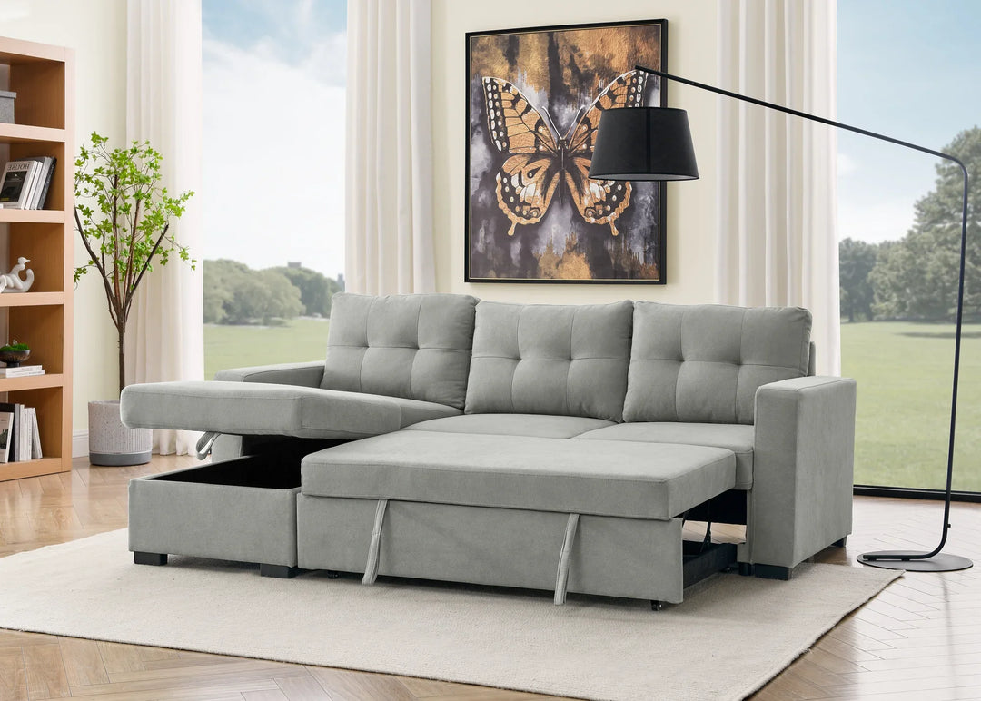 Light grey sectional sofa bed with storage in modern living room, large window, butterfly art