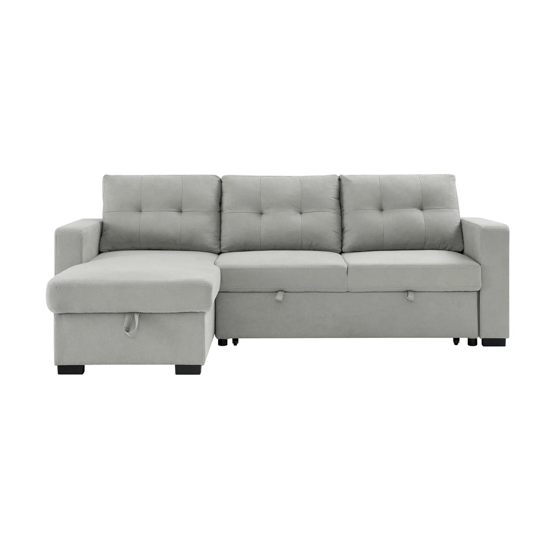 Light grey L-shaped sectional sofa with tufted cushions and storage chaise