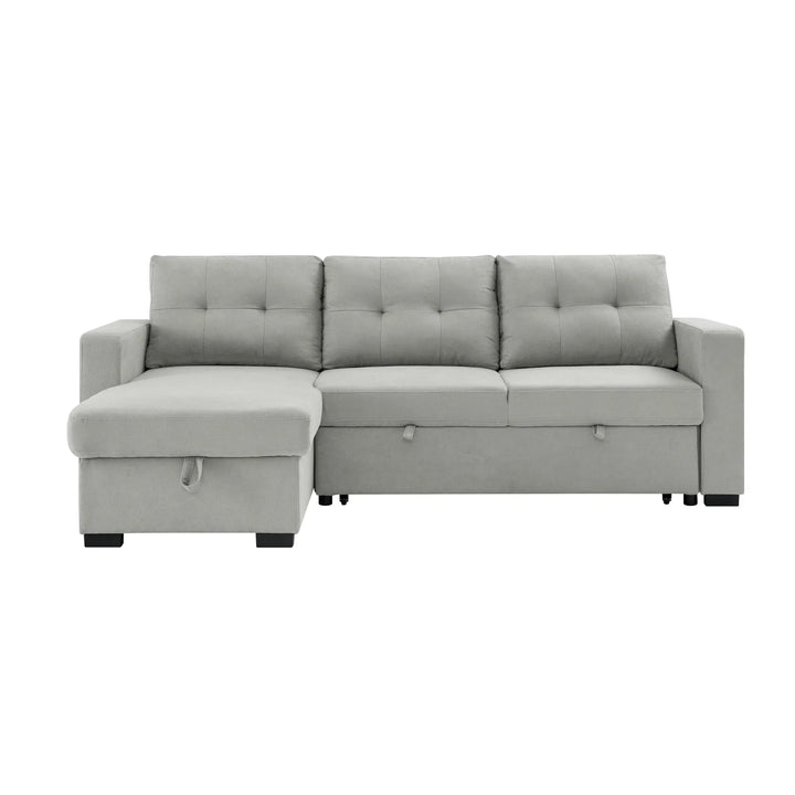Light grey L-shaped sectional sofa with tufted cushions and storage chaise