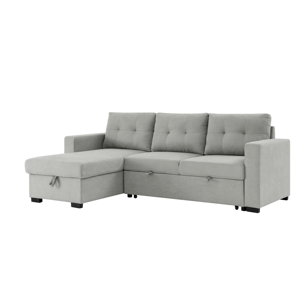 Light grey L-shaped sectional sofa with chaise and storage, modern tufted design