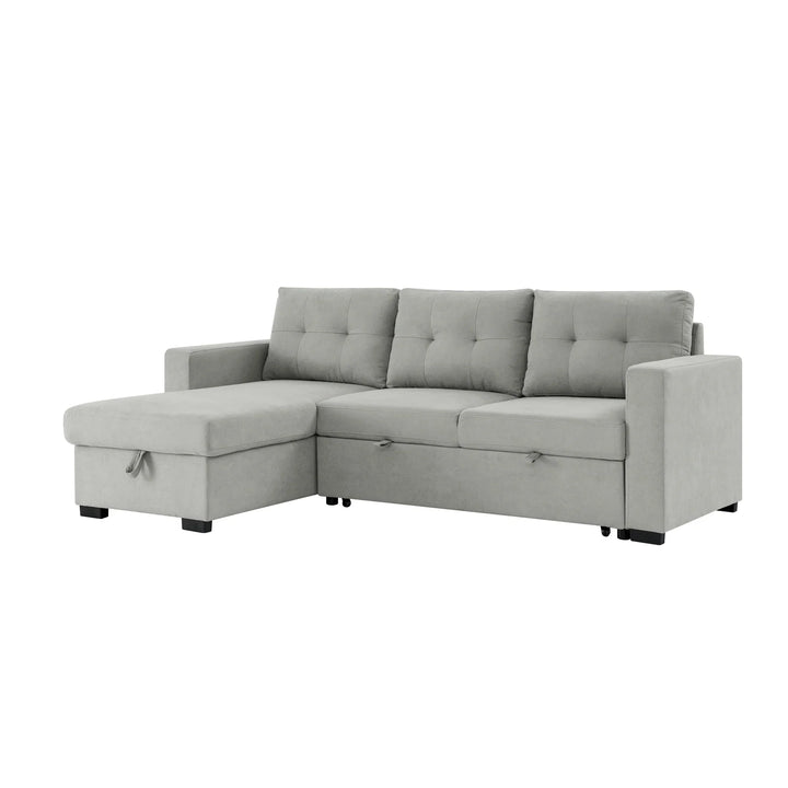 Light grey L-shaped sectional sofa with chaise and storage, modern tufted design