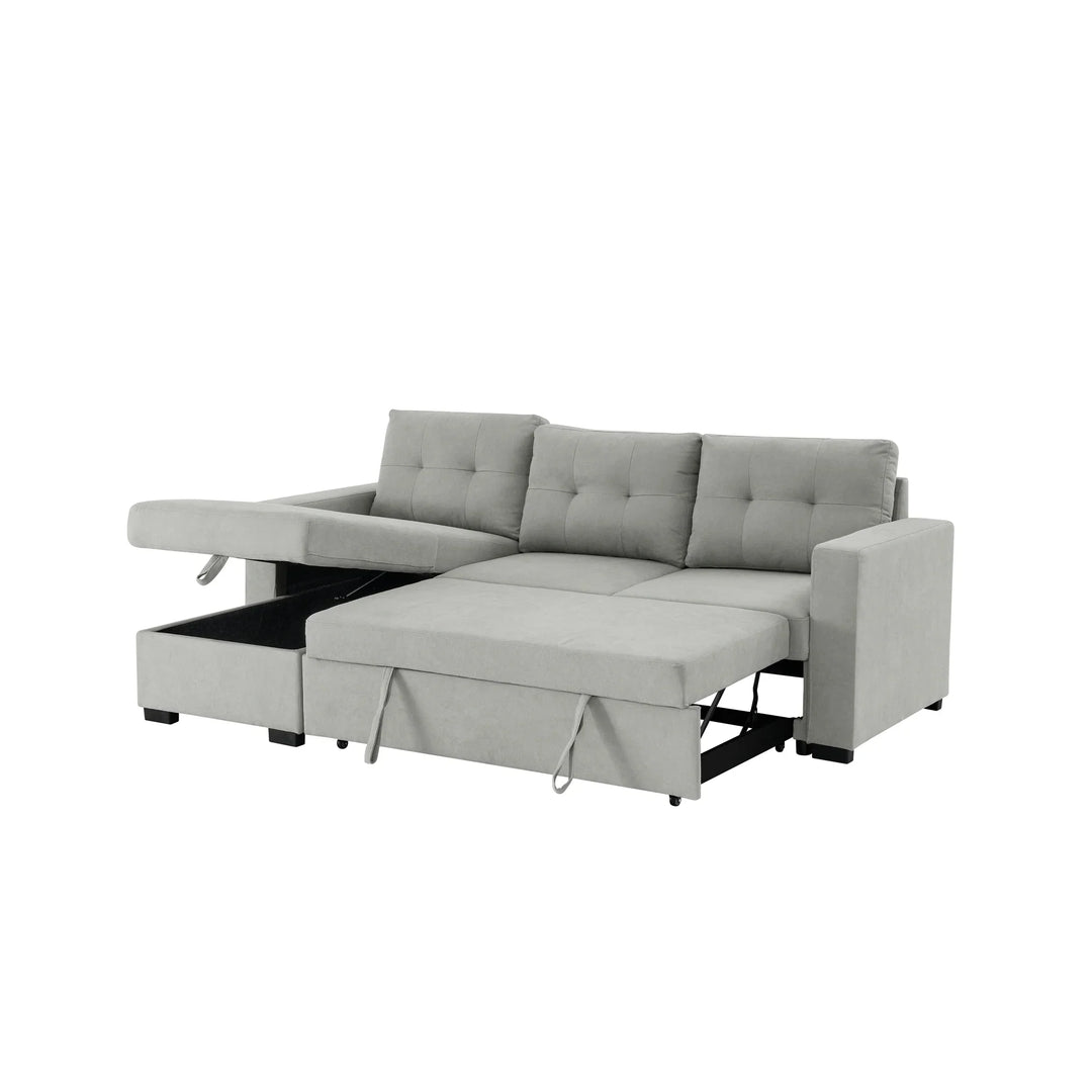 Light grey sectional sofa bed with storage chaise and pull-out sleeper design.