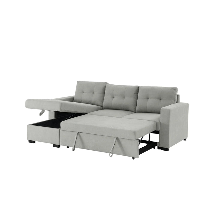 Light grey sectional sofa bed with storage chaise and pull-out sleeper design.