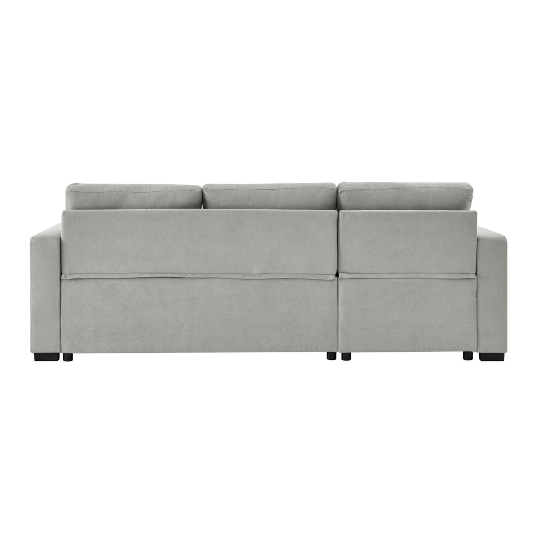 Light grey fabric sectional sofa with straight backrest and black legs, viewed from behind