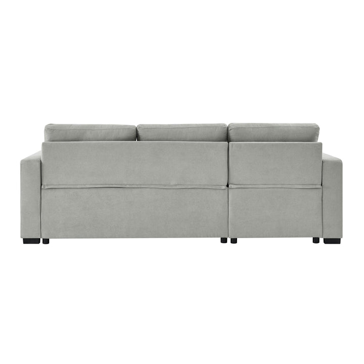 Light grey fabric sectional sofa with straight backrest and black legs, viewed from behind