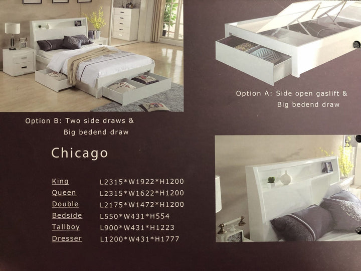 White storage bed with drawers, bedside tables, and dresser in modern bedroom setting