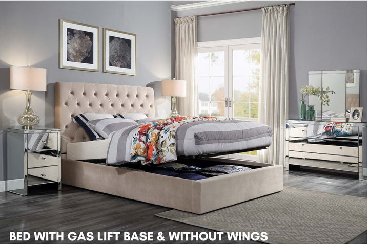 Upholstered storage bed with gas lift base, tufted headboard, modern bedroom set