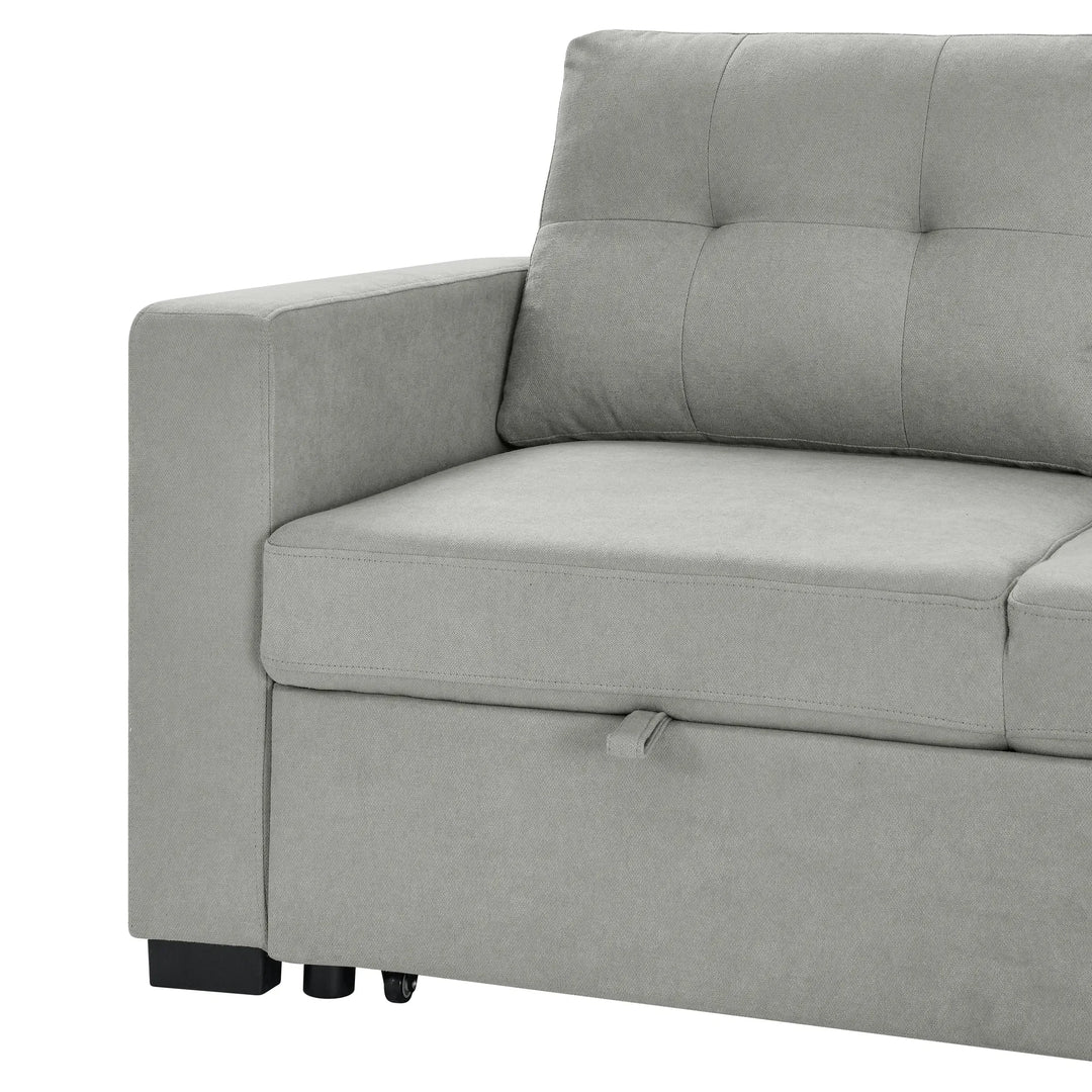 Light grey fabric sofa with tufted backrest and storage drawer, modern living room furniture