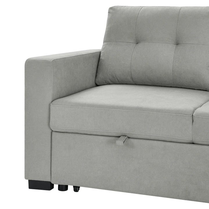 Light grey fabric sofa with tufted backrest and storage drawer, modern living room furniture
