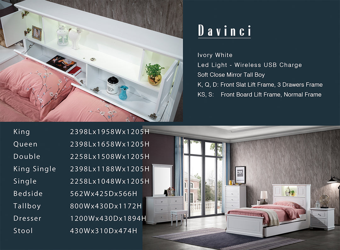 Ivory white bedroom suite with LED-lit bed headboard storage, pink bedding, drawers, tallboy, and dresser.