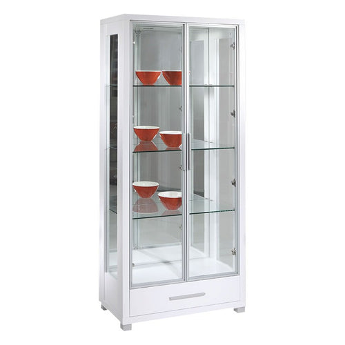 White glass display cabinet with shelves and red bowls, modern living room furniture