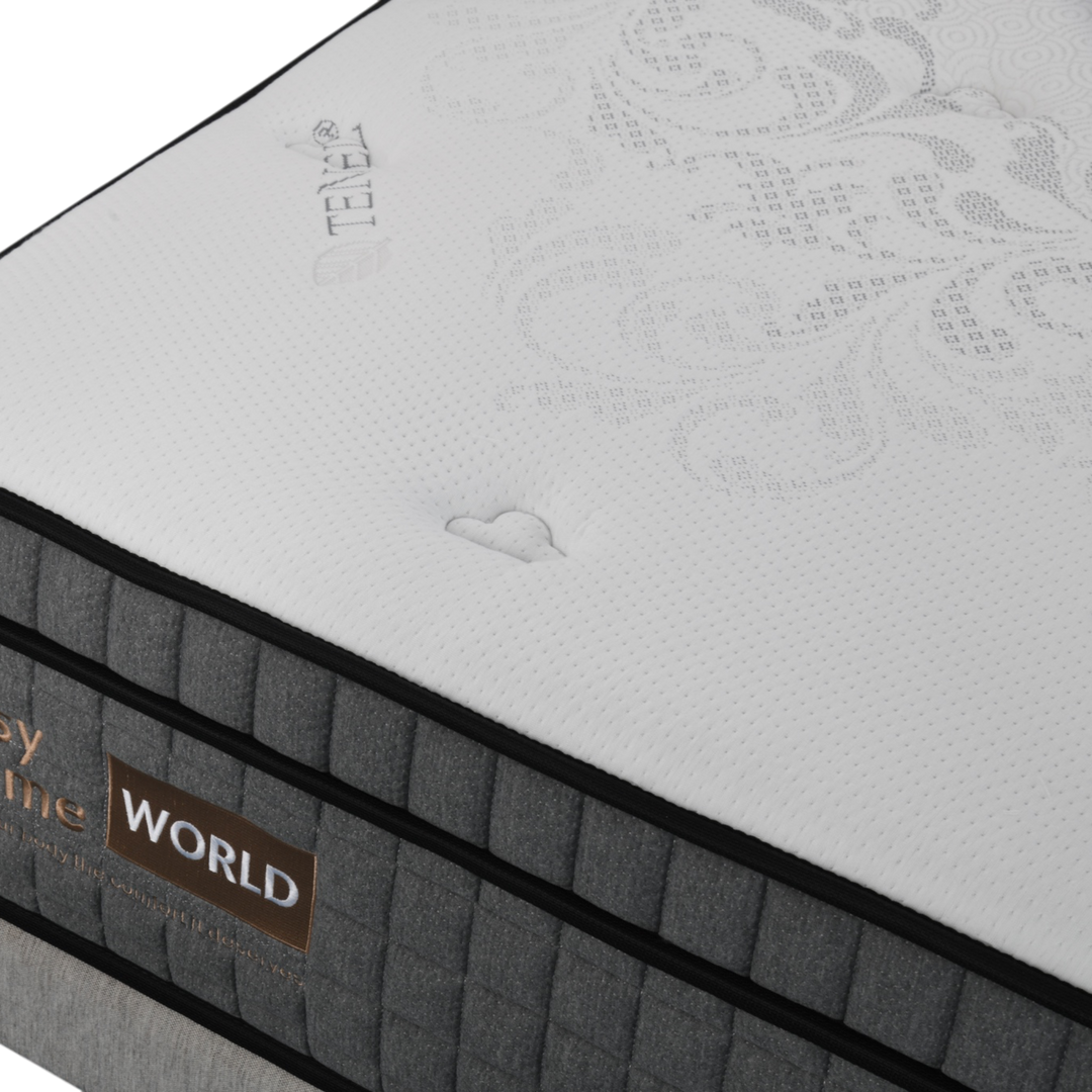 Close-up of a modern mattress with white quilted top and grey sides, embroidered patterns visible.