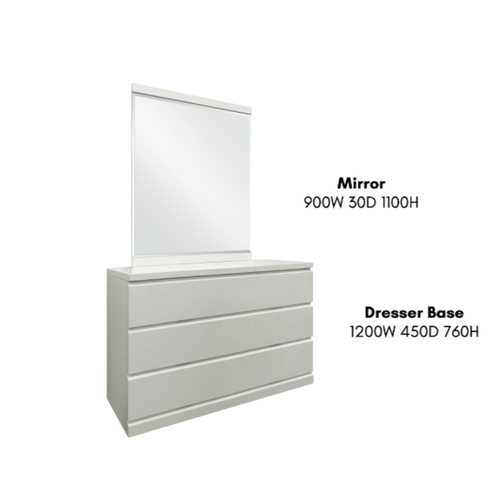 Modern white dresser with three drawers and attached rectangular mirror, dimension labels visible