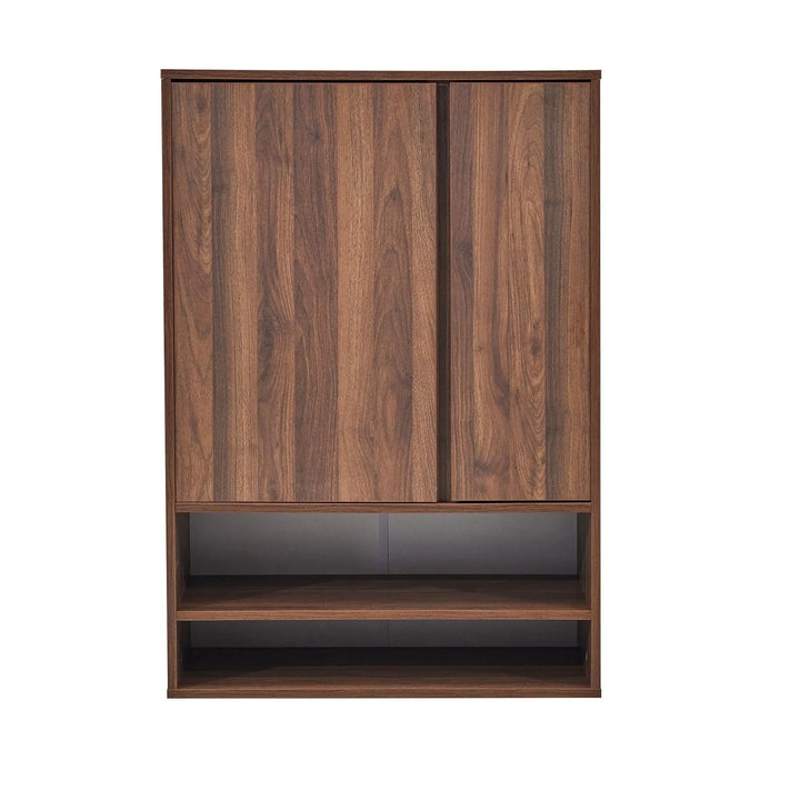 Modern wooden storage cabinet with double doors and open shelves, walnut finish