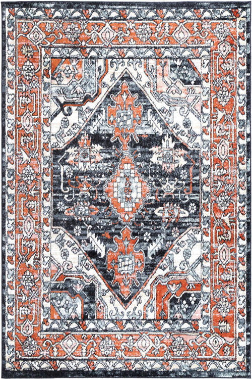 Square area rug with geometric floral patterns in orange, black, and white colors