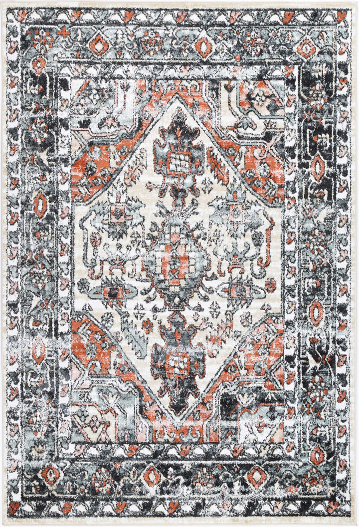 Beige area rug with vintage oriental pattern in orange, grey, and white tones