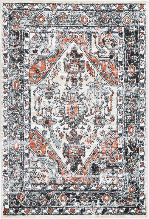 Beige area rug with vintage oriental pattern in orange, grey, and white tones