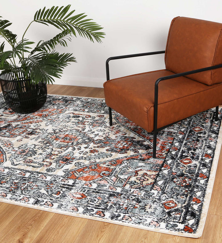 Modern living room with patterned area rug, brown accent chair, and potted green plant