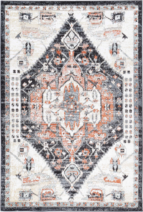 Modern area rug with geometric medallion design in black, orange, and cream tones