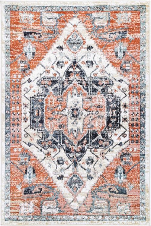 Rustic orange and cream area rug with vintage geometric medallion pattern