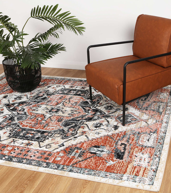 Modern living room with patterned area rug, brown armchair, and potted plant on wood floor