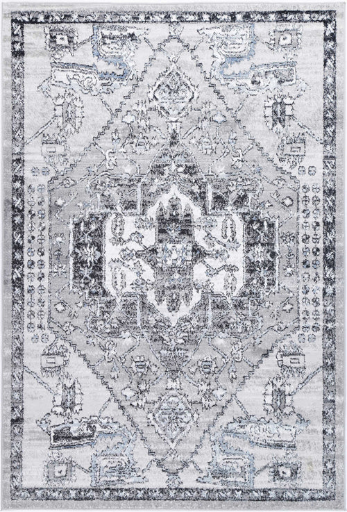 Gray area rug with vintage-inspired distressed pattern and ornate central medallion design
