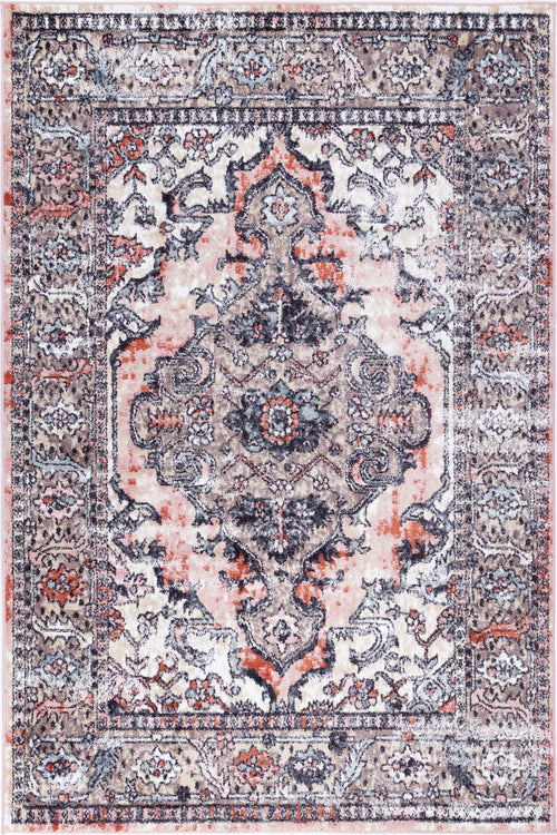 Beige and orange area rug with intricate vintage-inspired medallion and floral pattern