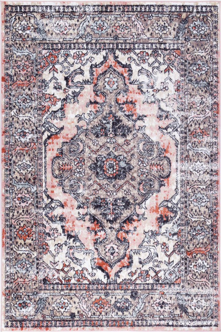 Beige and orange area rug with intricate vintage-inspired medallion and floral pattern