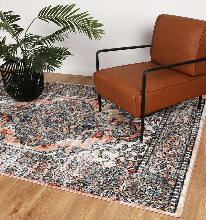 Vintage patterned area rug with rust and beige tones, brown armchair, and indoor plant on wood floor