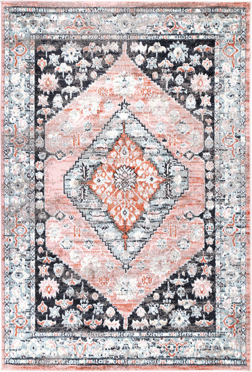 Beige and orange vintage-style area rug with central diamond medallion and floral patterns