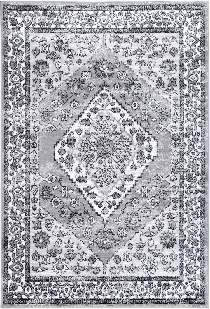 Grey area rug with ornate floral pattern and traditional medallion design