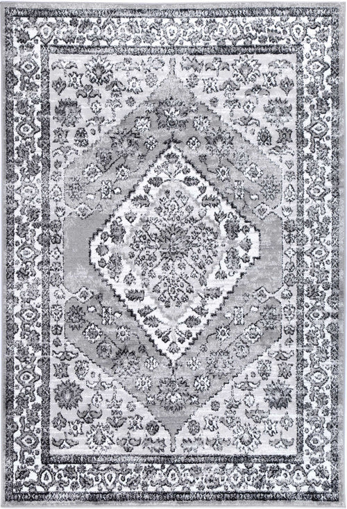 Grey area rug with ornate floral pattern and traditional medallion design