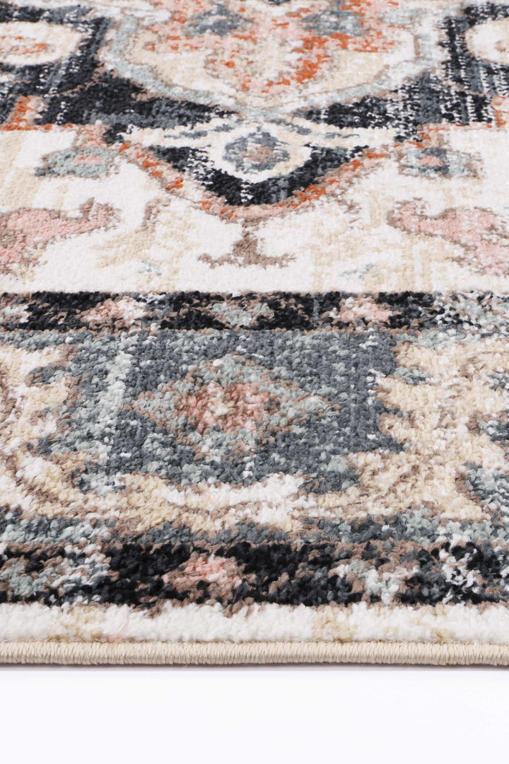 Close-up of multicolor area rug with intricate floral and geometric patterns