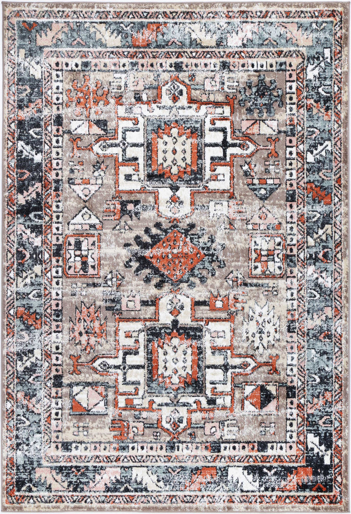 Beige and orange geometric area rug with intricate boho pattern and textured border
