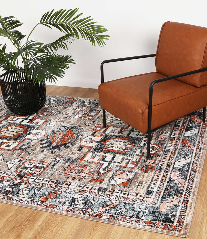 Modern living room with a brown accent chair, patterned area rug, and potted plant on wood flooring