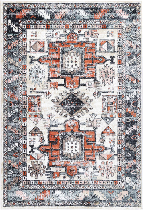Bohemian style area rug with geometric patterns in orange, cream, and grey tones