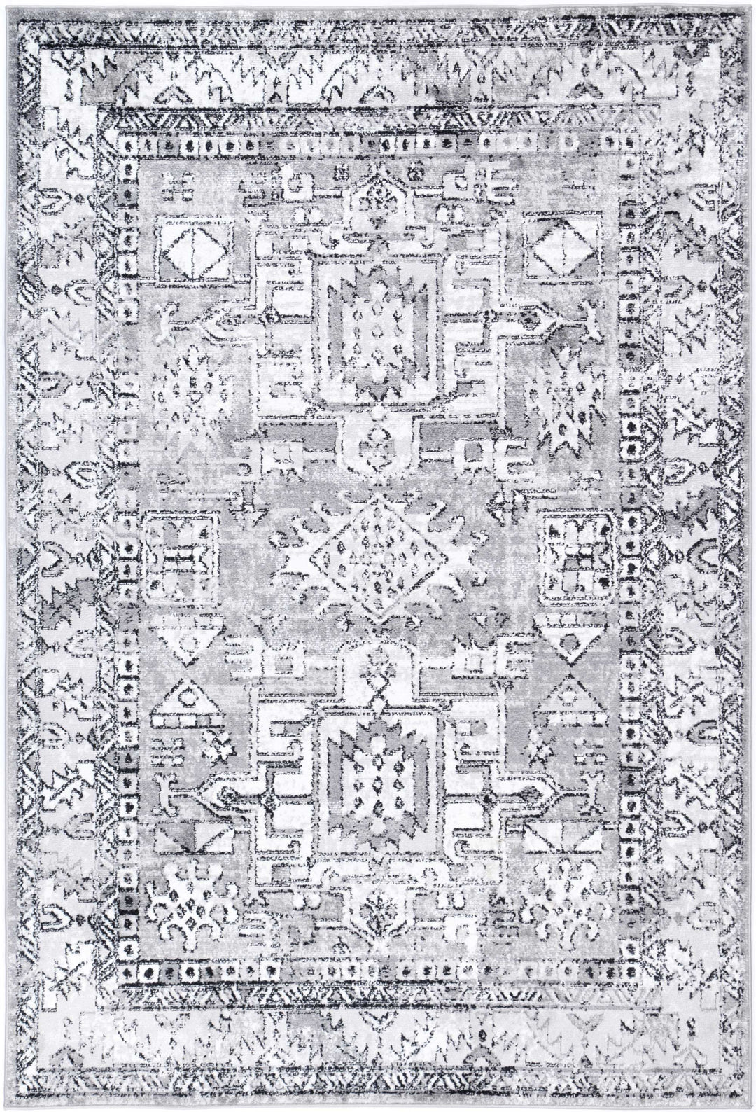 Grey area rug with distressed vintage geometric pattern and ornate border
