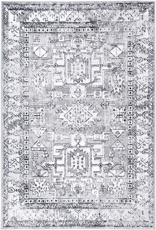 Grey area rug with distressed vintage geometric pattern and ornate border