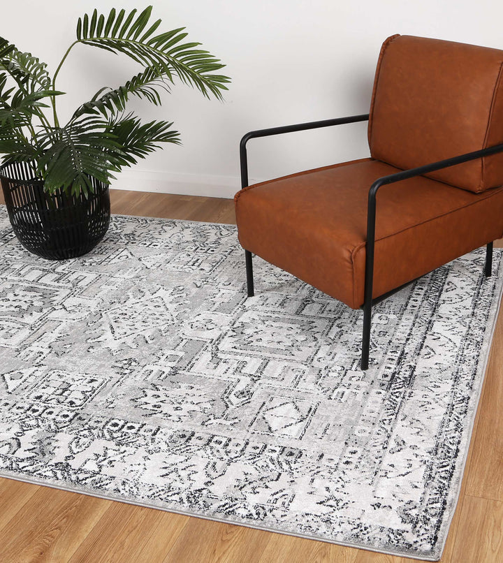 Modern living room with patterned grey area rug, brown accent chair, and potted plant on hardwood floor