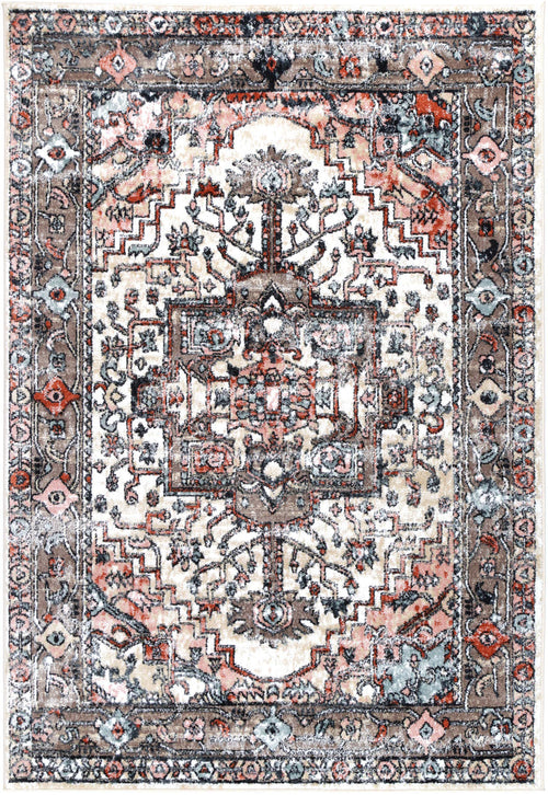 Vintage-inspired beige area rug with intricate floral and geometric patterns for living room decor