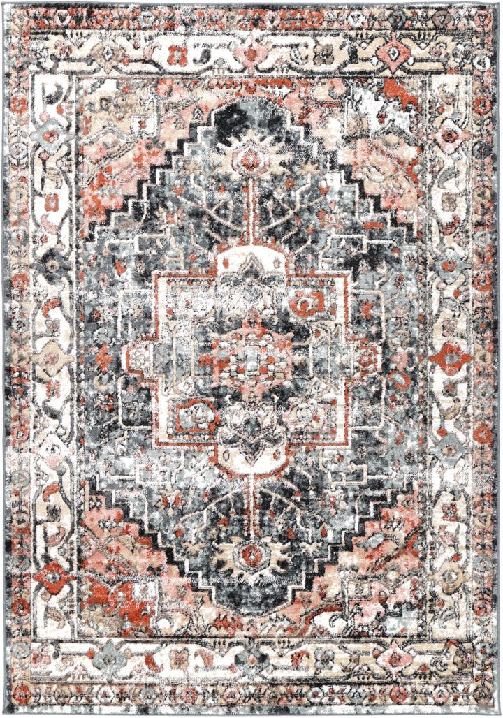 Vintage-inspired area rug with distressed geometric and floral patterns in gray, ivory, and rust.